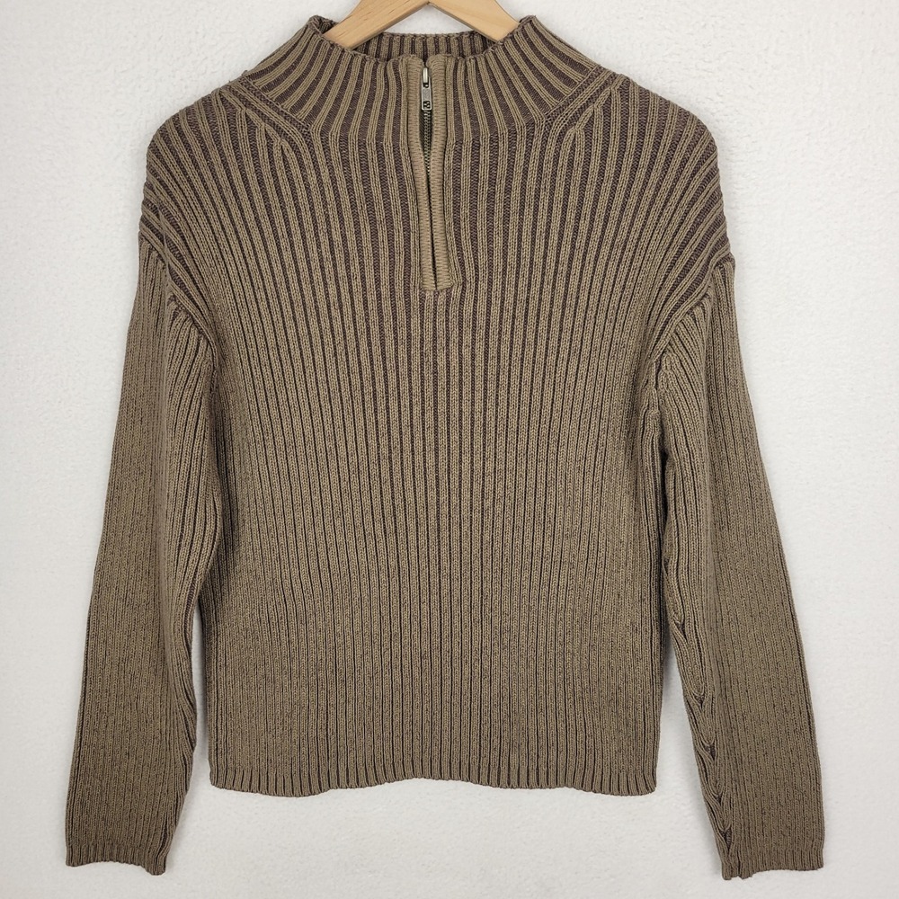 Cabela's Ribbed 1/4 Zip Sweater Mens L Brown Cotton Mock Neck Gorpcore Fisherman
